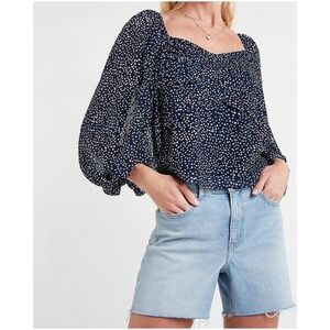 Express Navy Swiss Dot Chiffon‎ Blouse S Square Neck Puff Sleeve Romantic Top